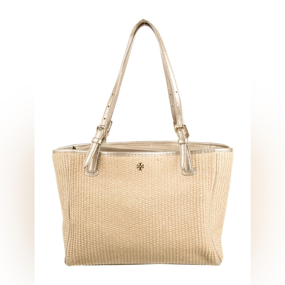 Tory Burch Raffia Tote Gold Leather Trim Large Shoulder Bag